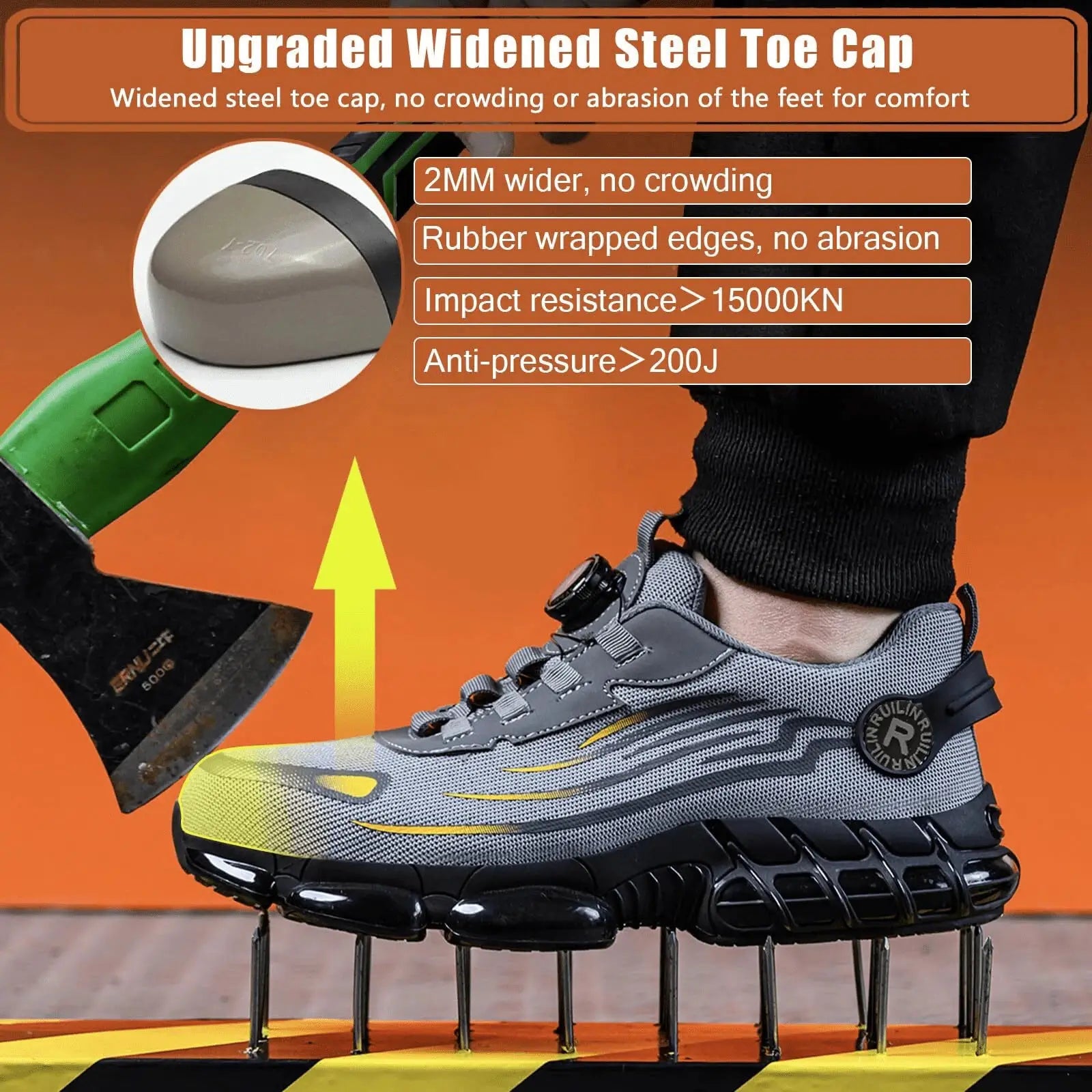 Indestructible steel-toe safety shoe, gray with yellow accents, slip-resistant outsole.