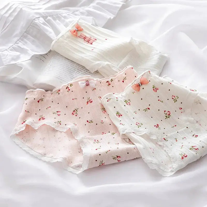 Panties 5-pc set, pink and white floral pure cotton mid-waist with lace and bows, Simples Market