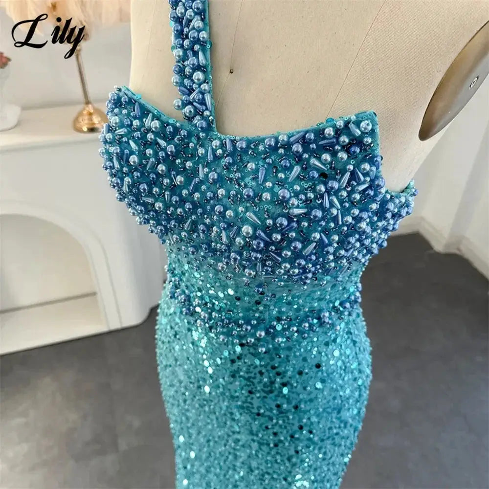 Lily Blue Prom Dress One Shoulder Sleeveless Mermaid Gown Rhinestones