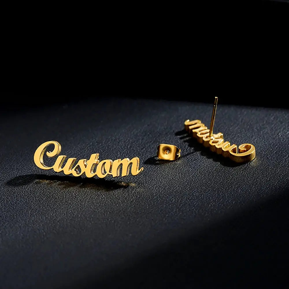 Custom name stud earrings in gold-tone stainless steel, pair