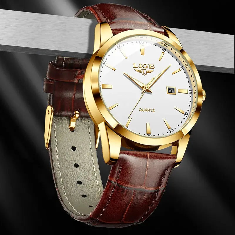 LIGE men's gold-tone quartz watch with brown leather strap, white dial and date window