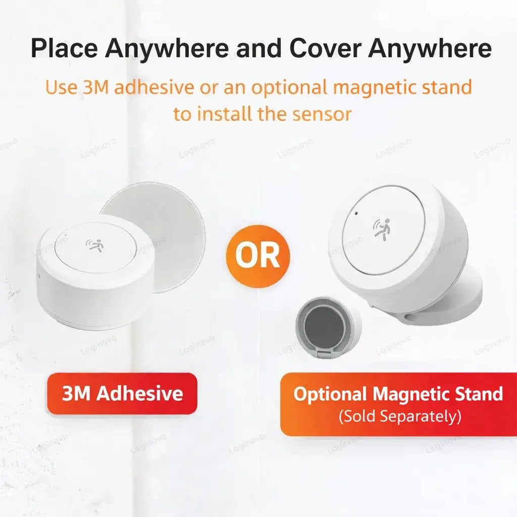 Simples Market ZigBee mmWave motion sensor with 3M adhesive mount and optional magnetic stand (sold separately).