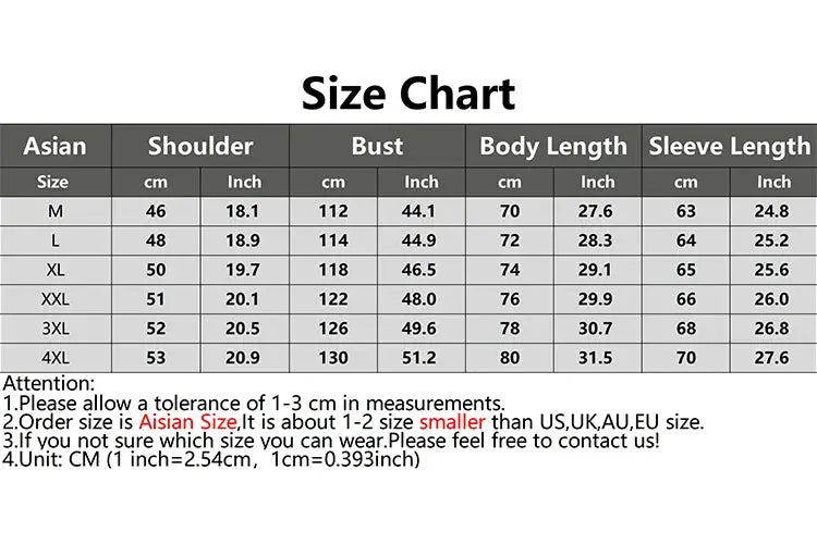 Winter White Duck Down Jacket size chart for men with Asian M-4XL measurements.