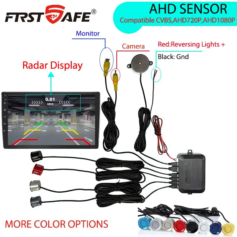 FirstSafe CVBS AHD parking radar monitor system with 4 sensors, monitor, camera, and wiring harness by Simples Market