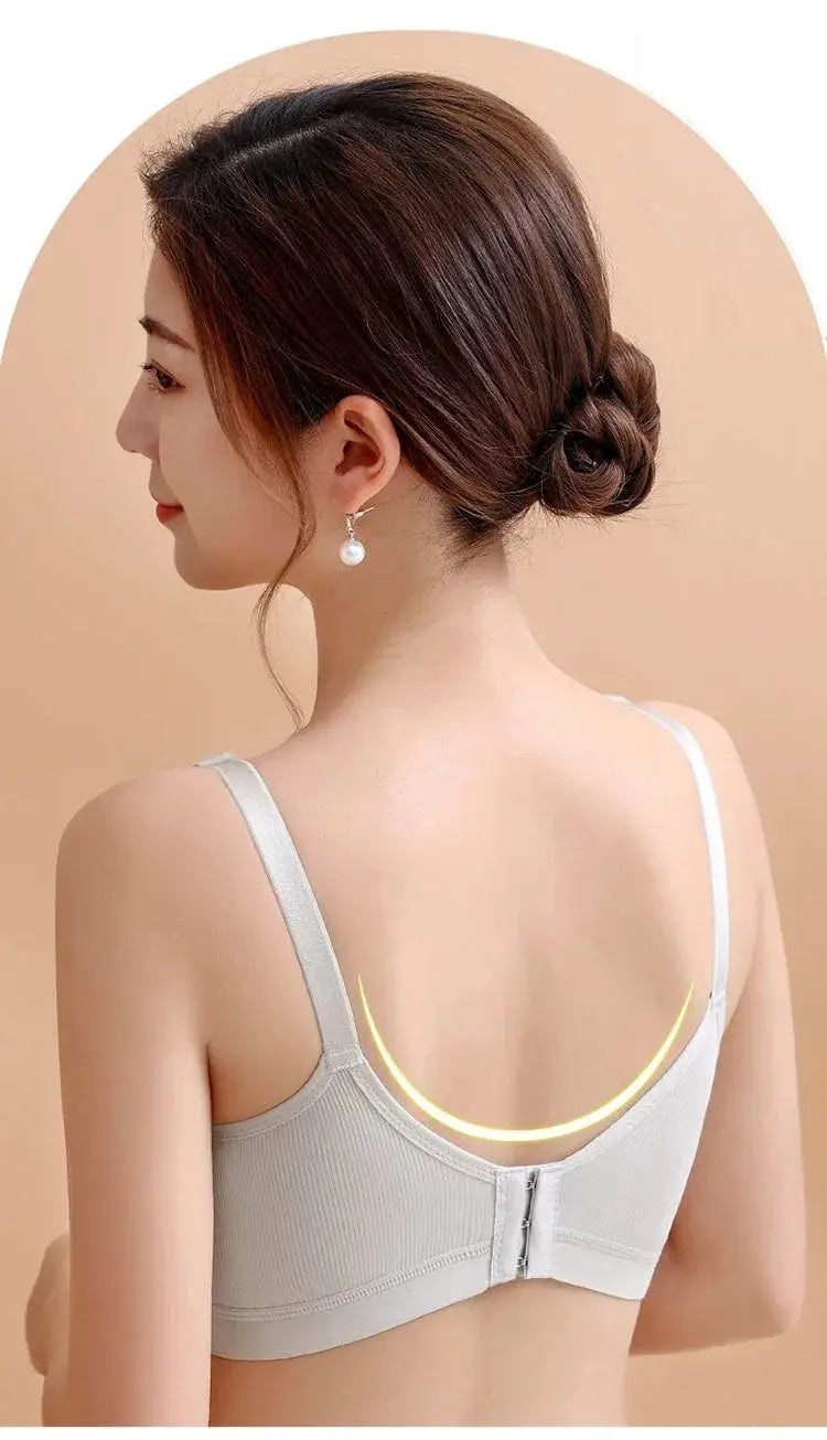Women’s wireless push-up bra in light gray with back hook closure and breathable fabric