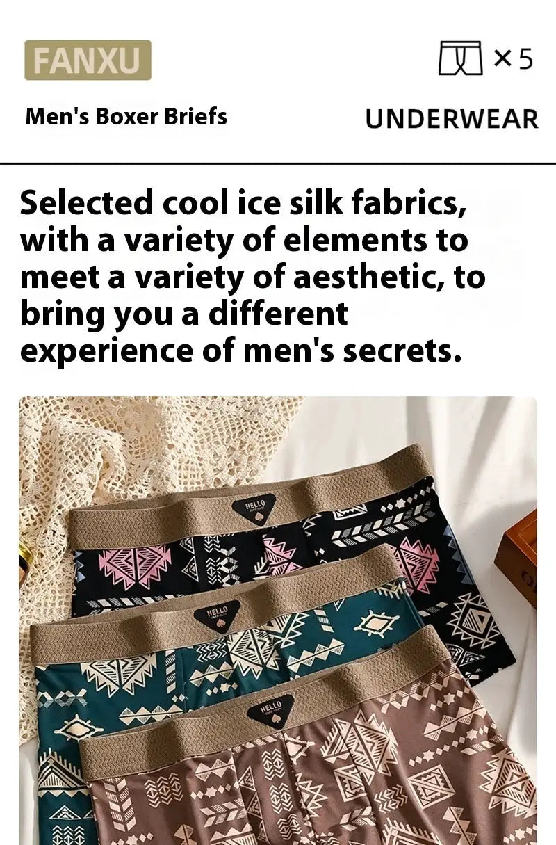 3-pack men's boxer shorts in ice silk with tribal prints and beige elastic waistbands in teal, black, and brown