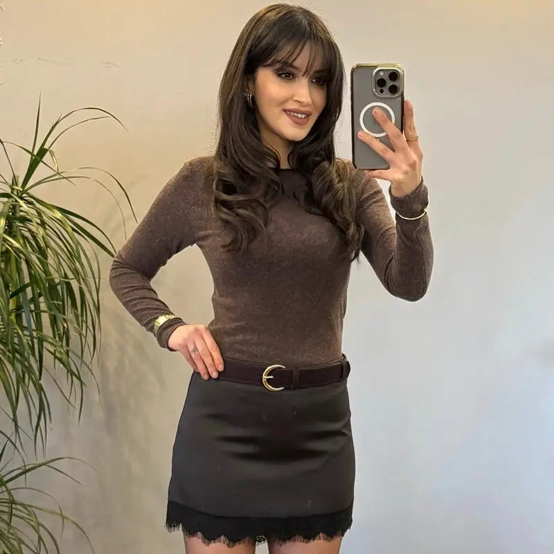 HXAO Satin Lace Skirt Shorts, black mini pencil skirt with lace hem by Simples Market