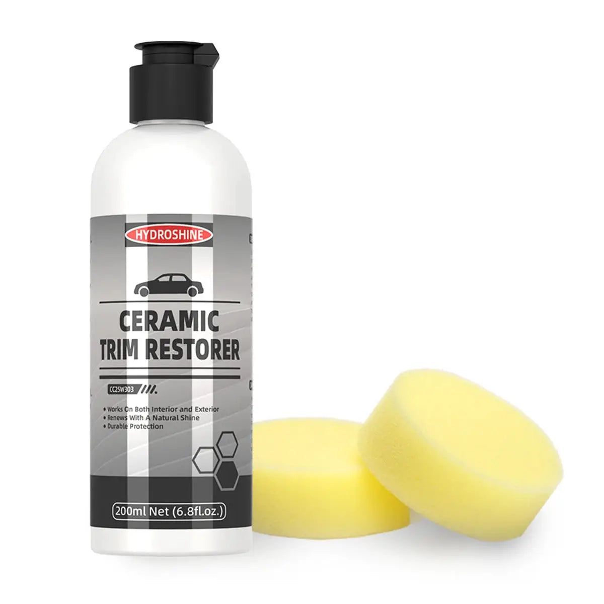 Ceramic Trim Restorer Hydroshine bottle with two yellow foam applicator pads