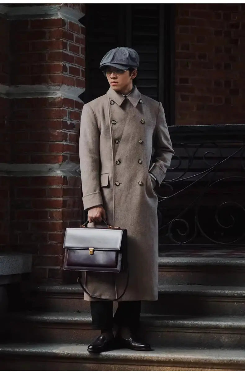 Men's double-breasted wool-blend overcoat, beige, long, classic English style