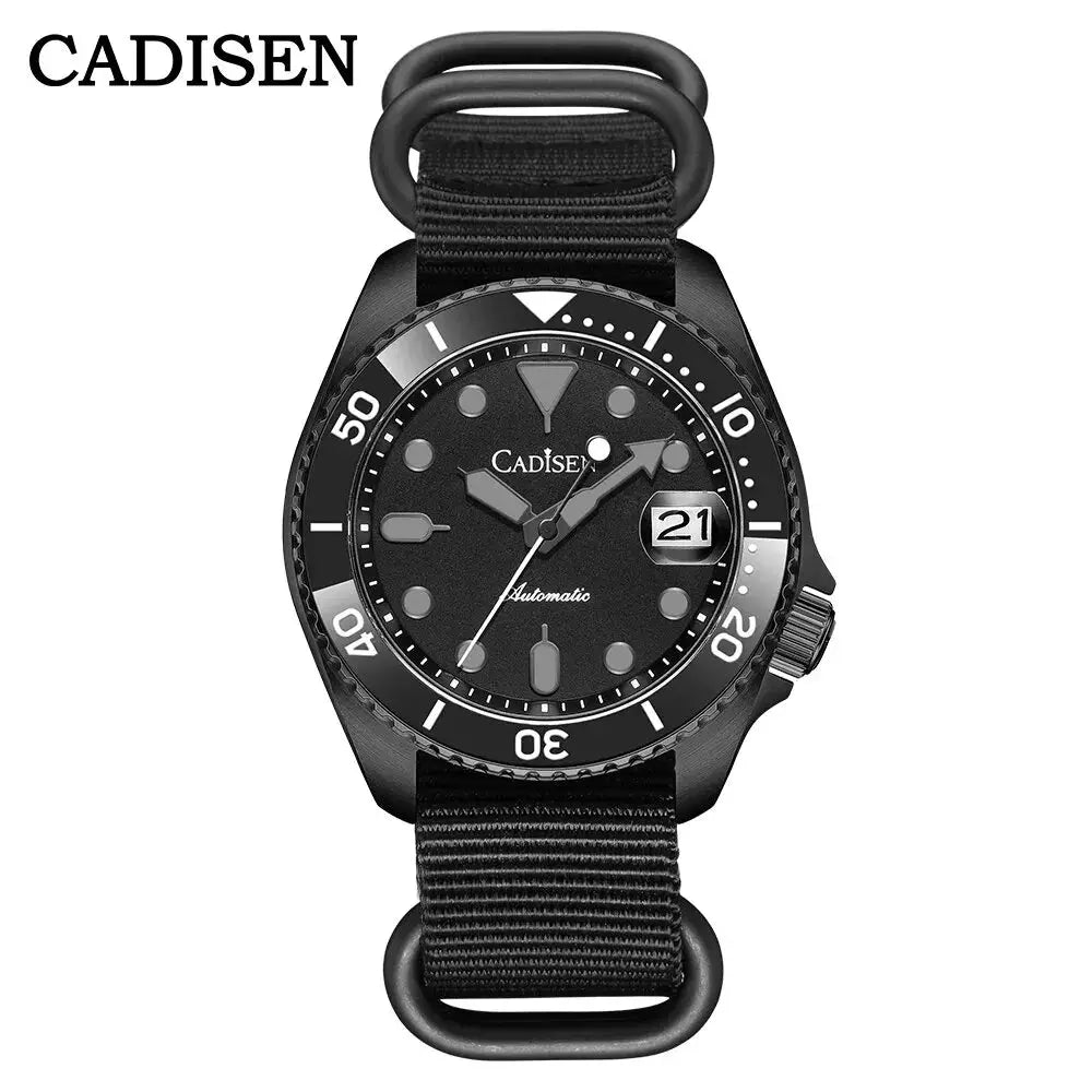 CADISEN men's automatic wristwatch with luminous dial, black ceramic bezel, sapphire glass and NATO strap