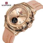 NAVIFORCE women's watch with rose gold-tone case, pink rubber strap, dual-time display, waterproof quartz