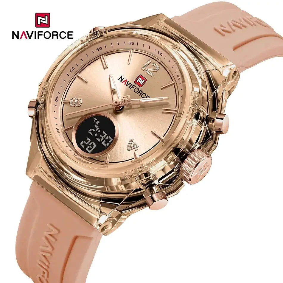NAVIFORCE women's watch with rose gold-tone case, pink rubber strap, dual-time display, waterproof quartz