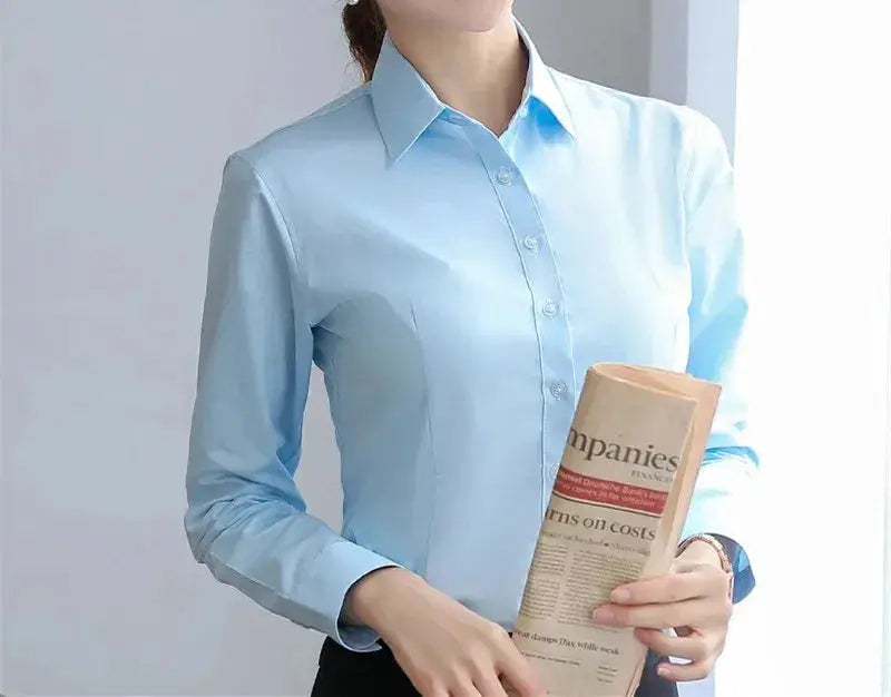 Women's light blue long-sleeve button-down shirt, office blouse