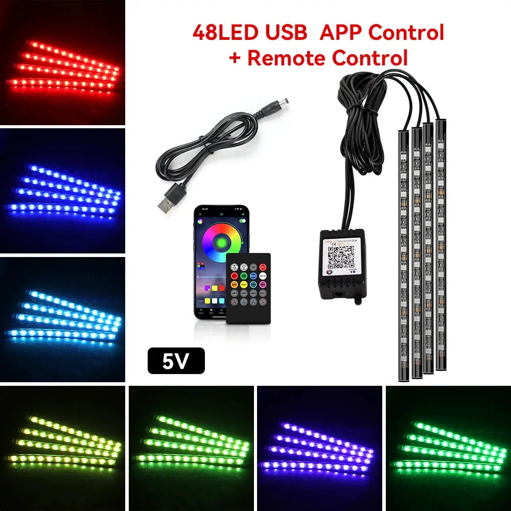 Neon 36 48 72 LED Car Interior Ambient Foot Light Kit RGB With Remote App And Music Sync Control