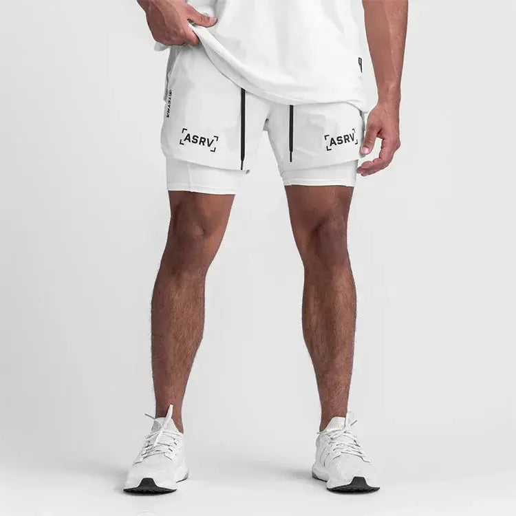 ASRV 2-in-1 quick-dry gym shorts in white with black ASRV logos, double-deck design