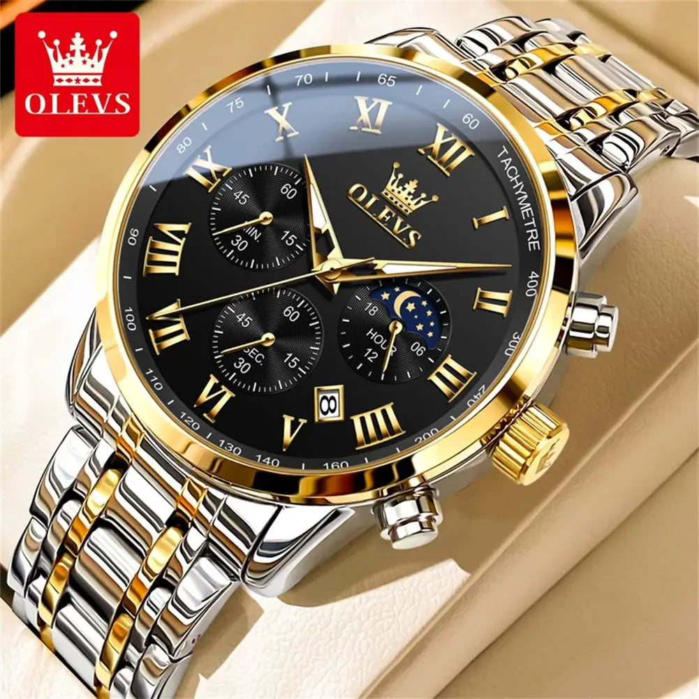 OLEVS men's stainless steel two-tone watch with black dial, gold Roman numerals, and lunar phase subdial