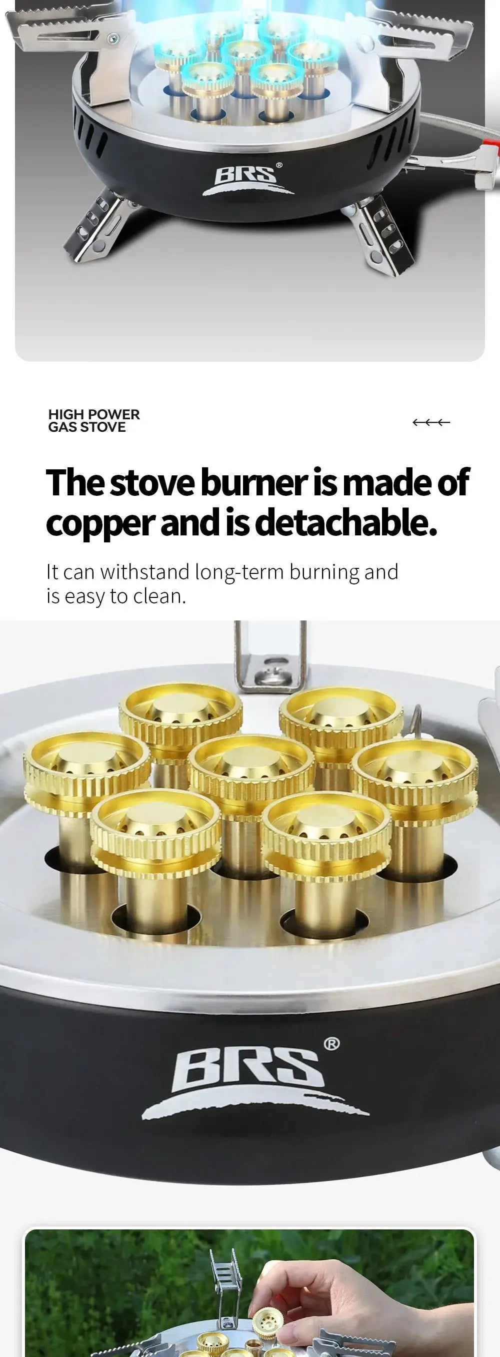 BRS outdoor folding gas stove; black body with brass burners and silver folding legs, BRS logo visible.