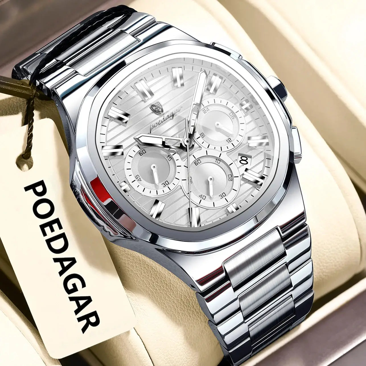 POEDAGAR men's stainless steel wristwatch with chronograph, date window, luminous hands
