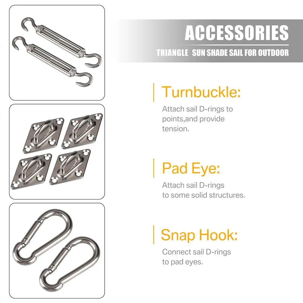 Simples Market triangle sun shade sail hardware kit: 2 turnbuckles, 4 pad eyes, 2 snap hooks in silver metal