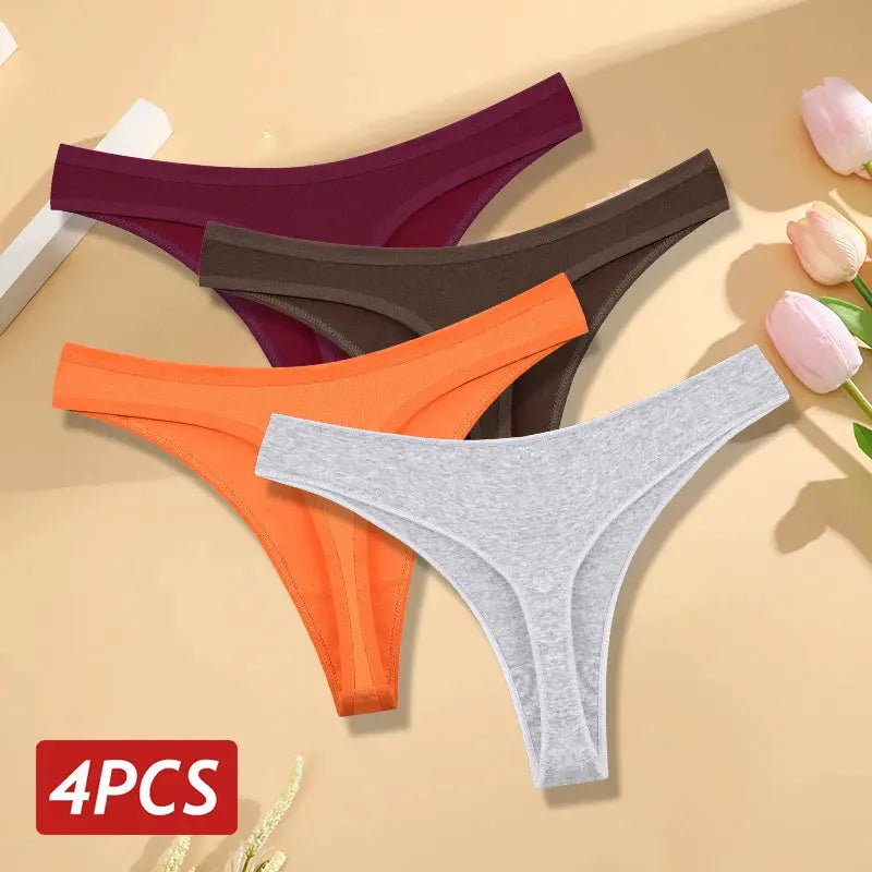 4-piece set of women’s cotton seamless low-rise thong underwear in purple, brown, orange and grey
