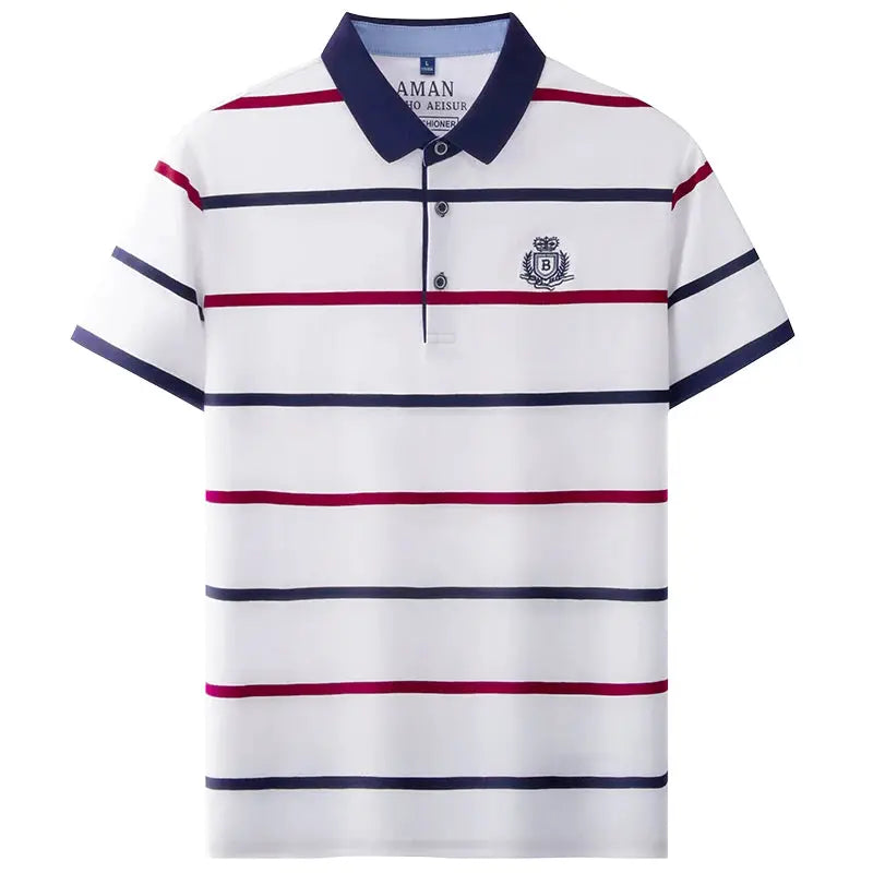 Men's striped polo shirt with white base, navy and red horizontal stripes, navy collar, crest embroidery