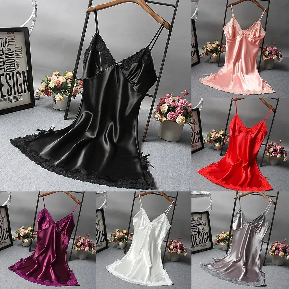 LaceLux Sexy Lace Patchwork Nightwear Lingerie Nightgown Soft Satin Polyester V Neck Lace Accents