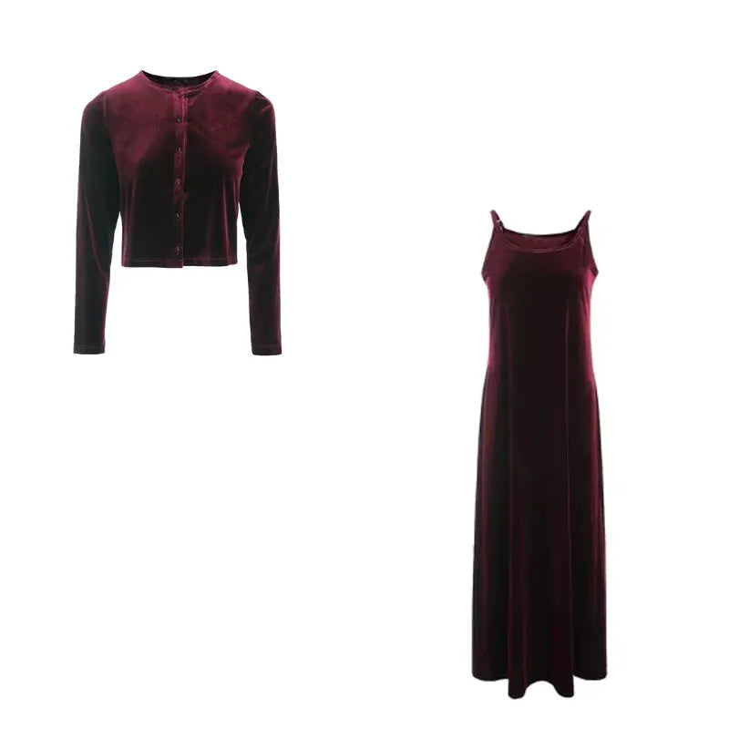 Autumn Solid Color Sleeveless Dress With Long Sleeve Cardigan Set In Cozy Polyester Fleece For All Day Comfort