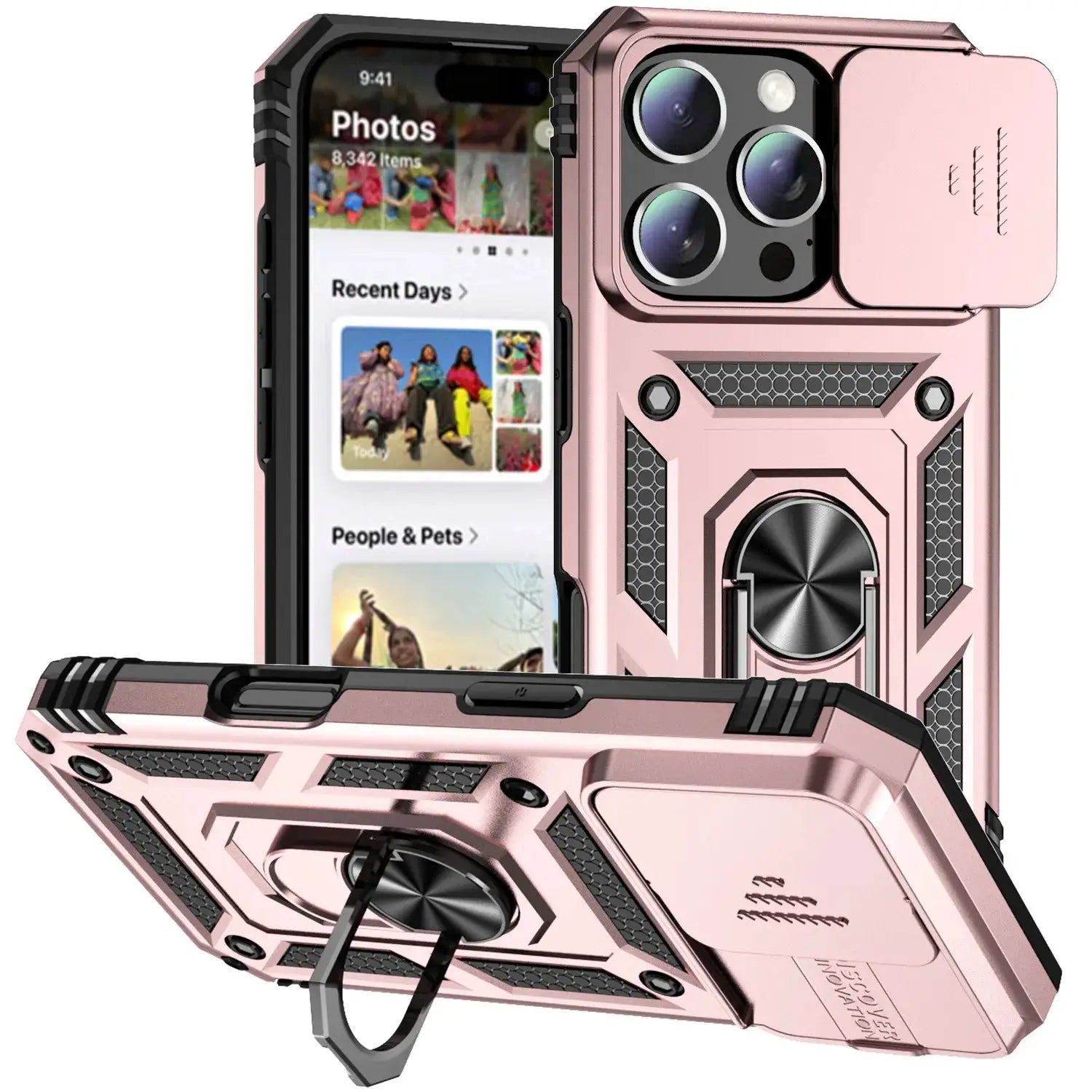 Simples Market pink rugged iPhone armor case with rotating ring stand and triple-lens camera cutout
