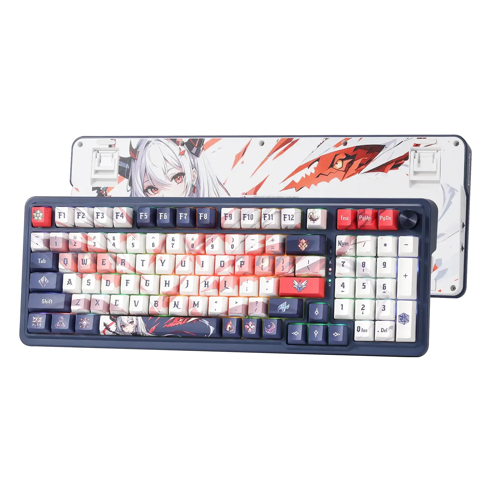 Redragon K686 Pro SE 98-key wireless gasket RGB gaming keyboard with anime artwork and colorful keycaps (two shown).