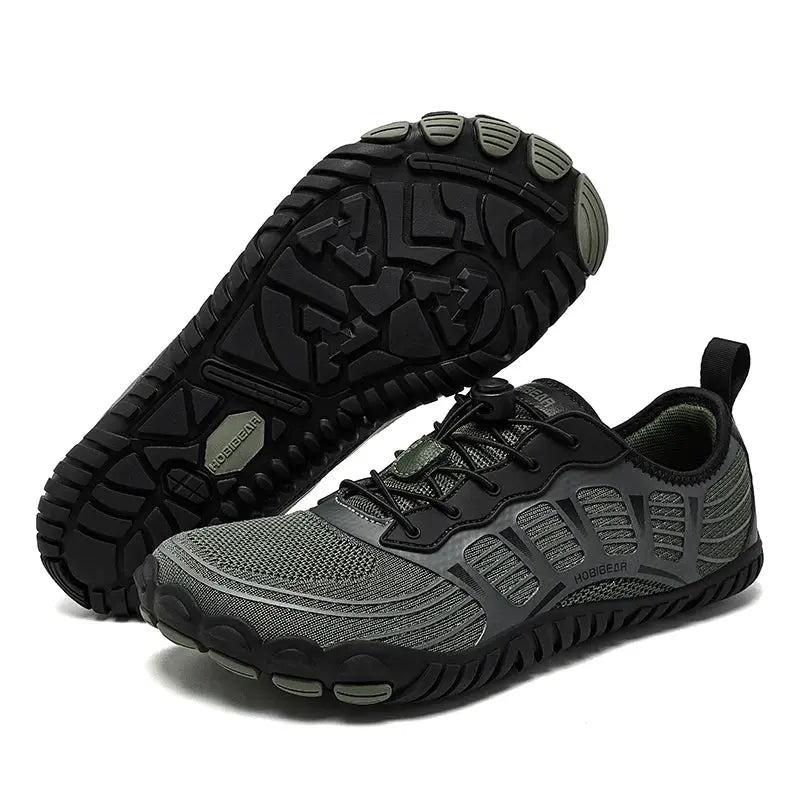 HOBIBEAR barefoot shoes for men and women, wide toe, breathable gray-black mesh with elastic bands