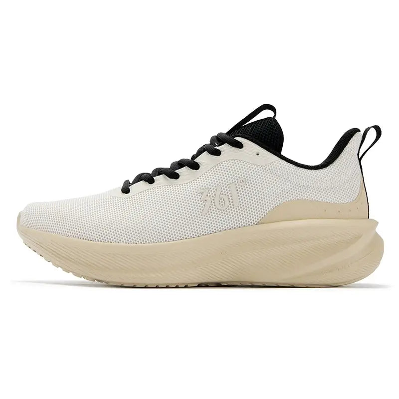 361° Fengye 5.0 running shoes, white breathable mesh upper with beige soft sole and black laces