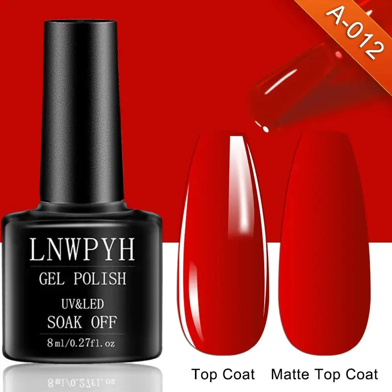 Gel nail polish bottle by LNWPYH with black label and red Top Coat and Matte Top Coat swatches