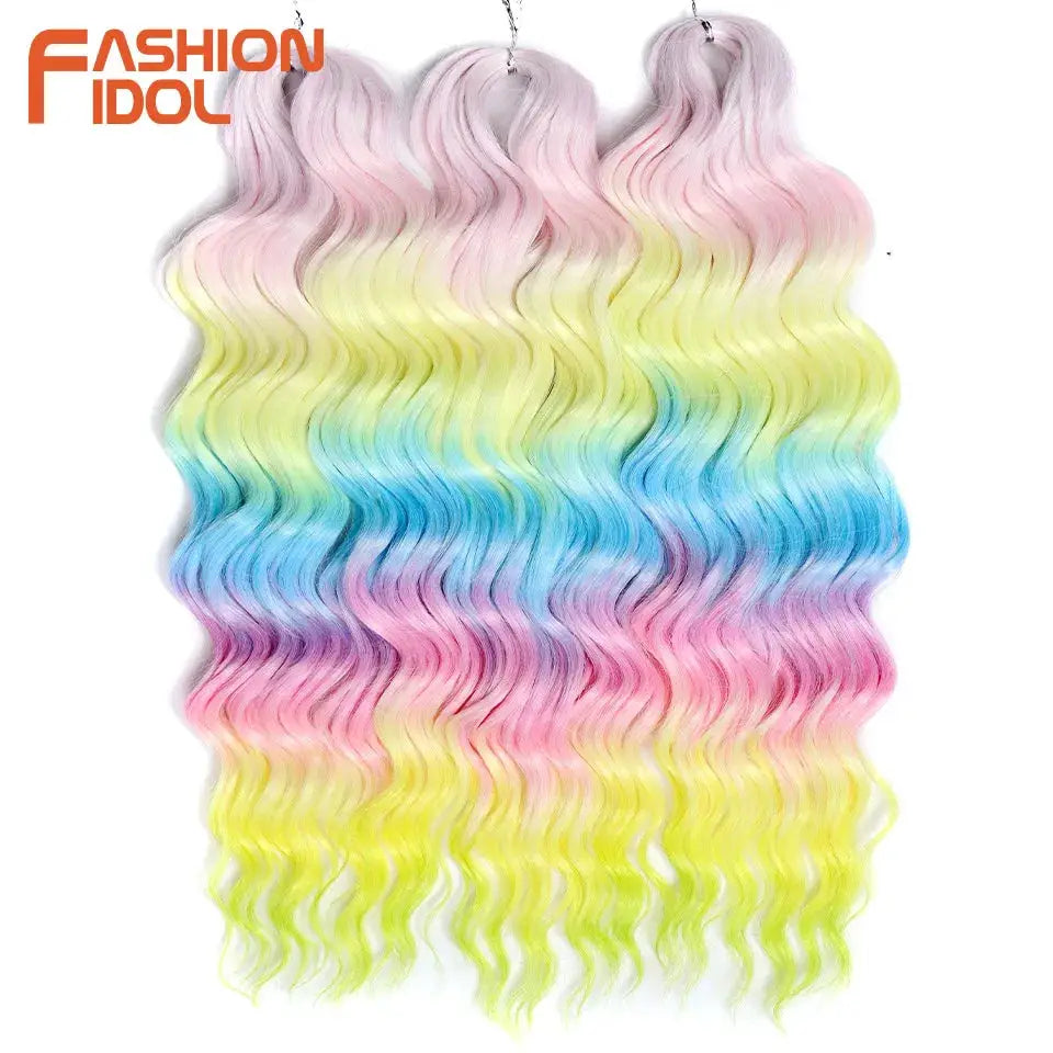 Simples Market Anna 24in synthetic water-wave braiding extensions, ombre rainbow pink-yellow-blue, 4 bundles