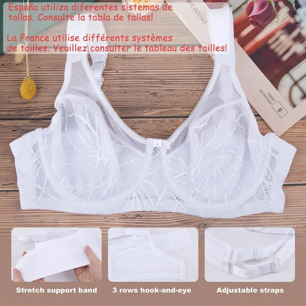 Simples Market Sheroine plus-size underwire lace floral minimizer bra, white, full-coverage, unpadded, adjustable straps.