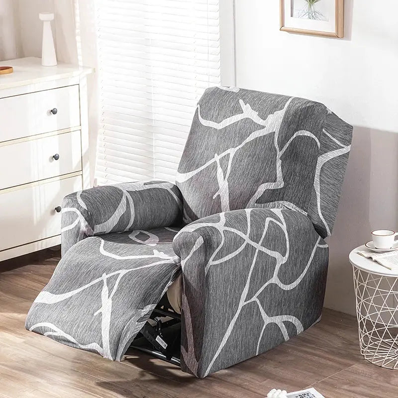 Gray stretch recliner cover with white abstract pattern, fits a single recliner chair.