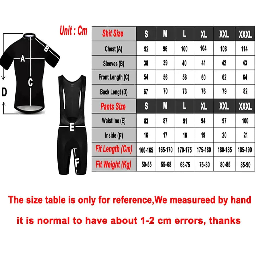 UAE cycling jersey set for men by Simples Market, black short-sleeve jersey with bib shorts, size chart.