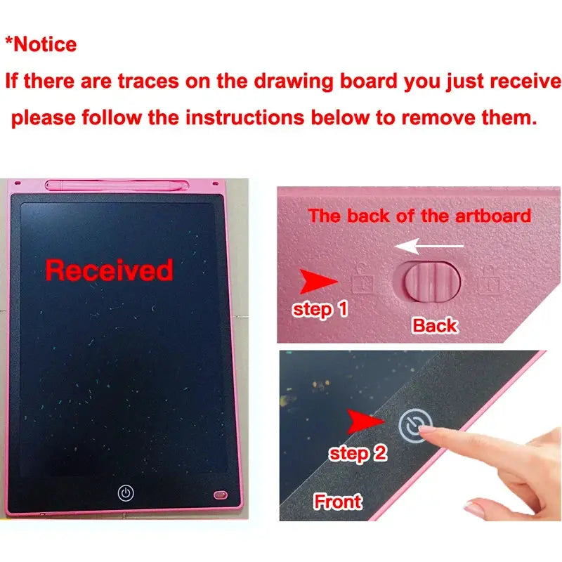 Simples Market pink LCD drawing tablet for kids; front view shows Received, back view with a switch.