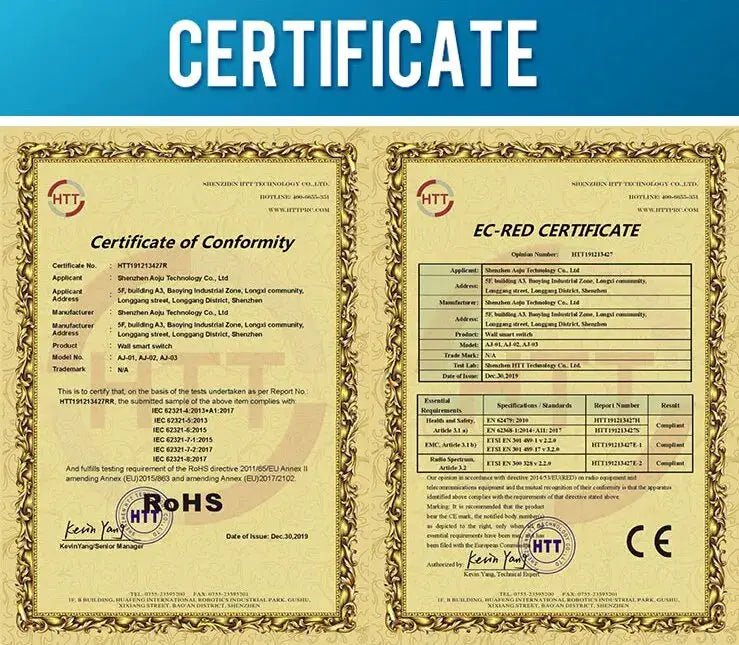 Wireless RF433 switch certificate documents; two ornate conformity certificates with HTT seals.