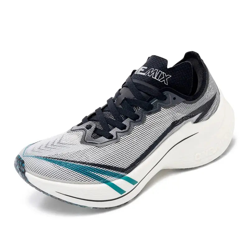 ONEMIX marathon carbon-plate running shoes for men, white/gray with teal accents, lightweight and supportive