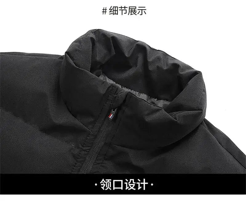 Men's black down jacket close-up showing collar design and front zipper
