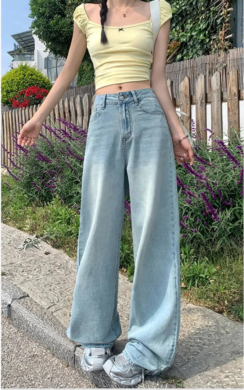 New Design Sense Womens Loose Denim Pants Retro Straight Leg Jeans