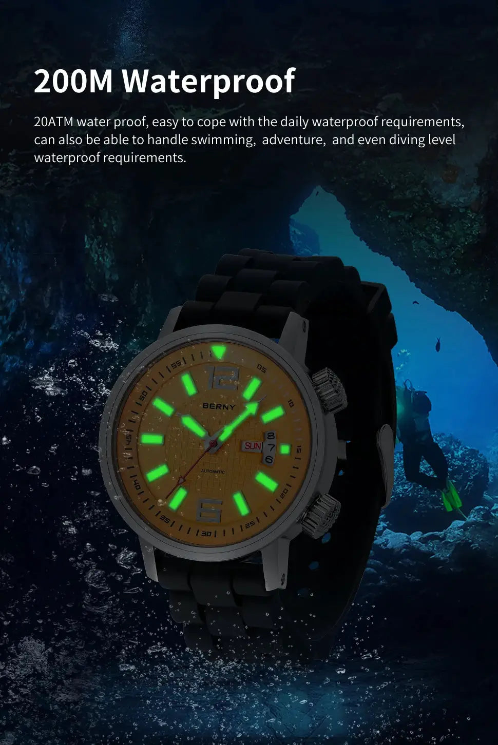 BERNY diver watch for men, 20ATM, orange dial with green luminous markers, automatic, day-date, black strap