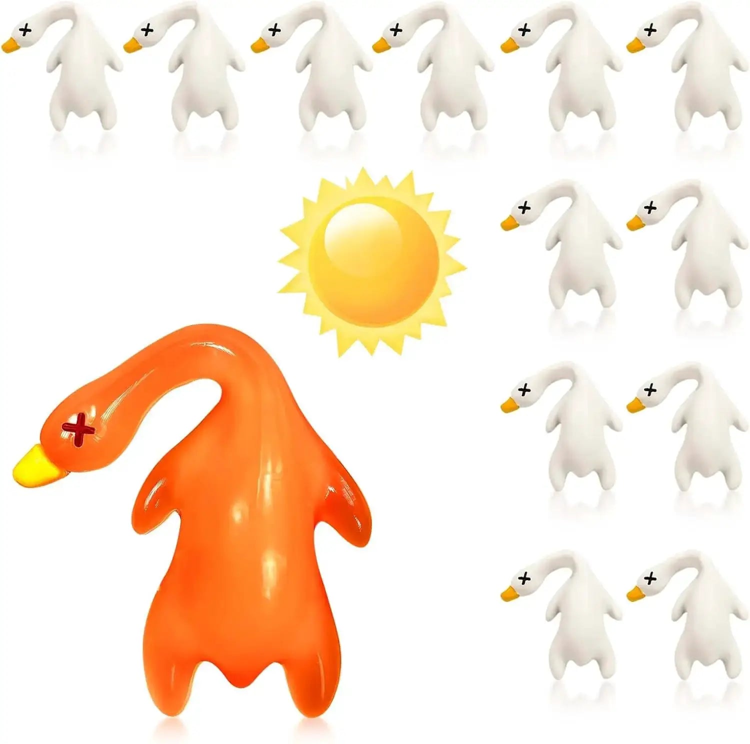 Color-changing roast duck pendant with UV sensor; orange pendant amid white duck charms and sun icon