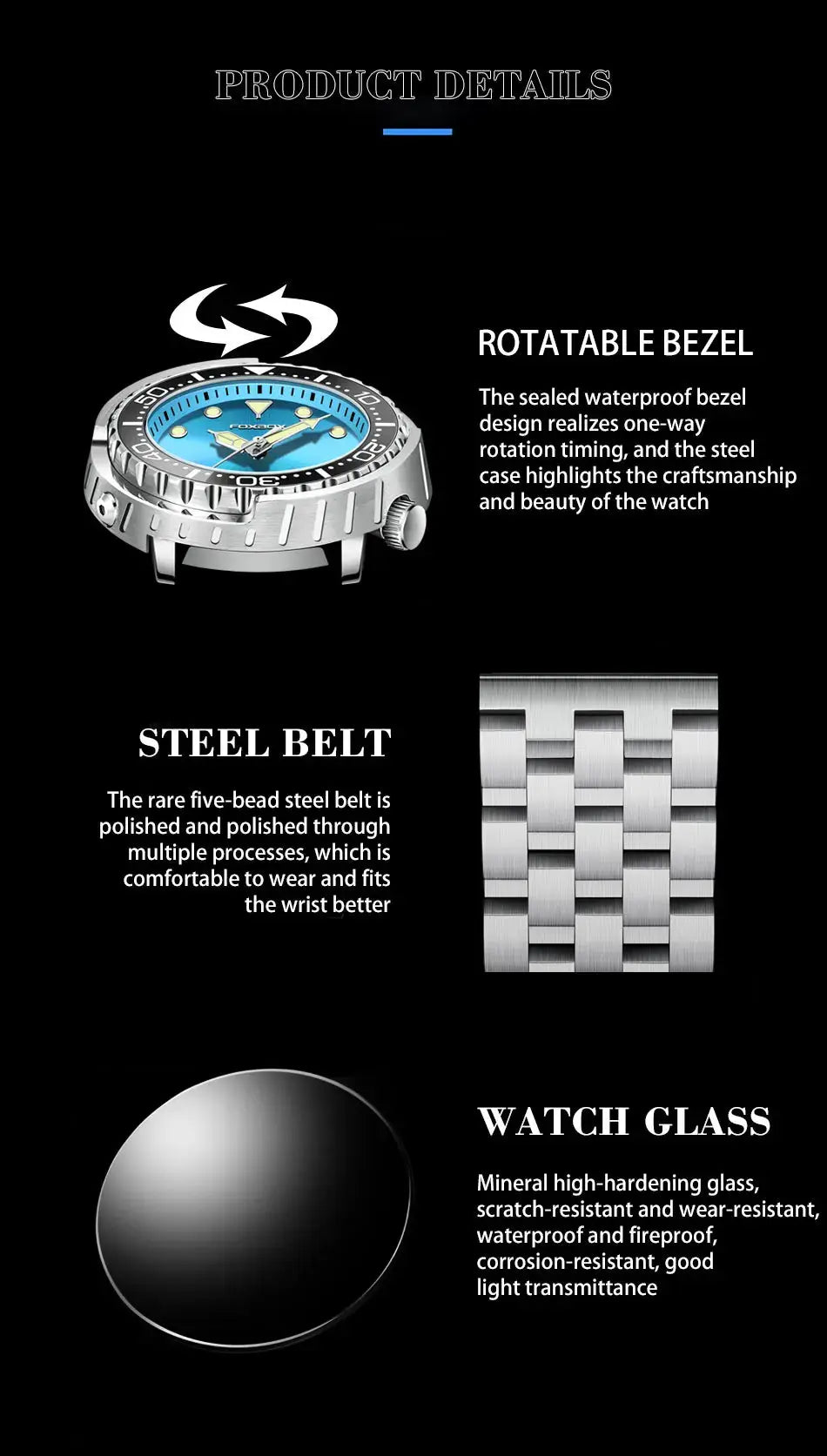 FOXBOXE quartz men's wristwatch with blue dial, rotatable steel bezel and stainless-steel bracelet