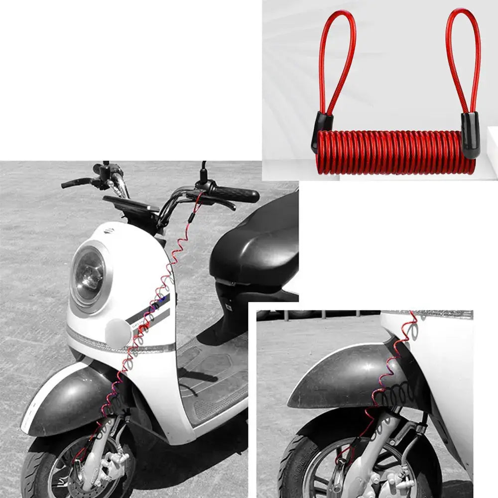 Red 1.2m spring-coil security cable lock for motorcycles; disc lock reminder rope shown securing a scooter.