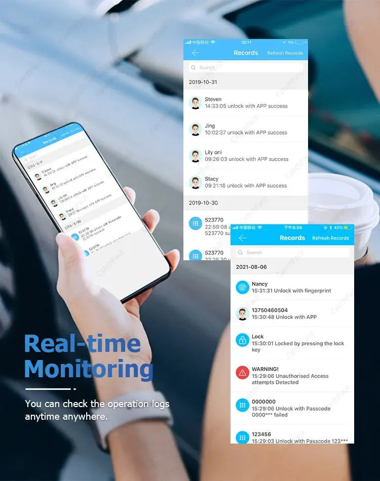 R5 PRO Smart Door Lock by Simples Market with TTLock app for real-time monitoring of lock activity.