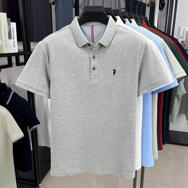 Men's grey short-sleeve polo shirt, 100% cotton, Simples Market with pony embroidery