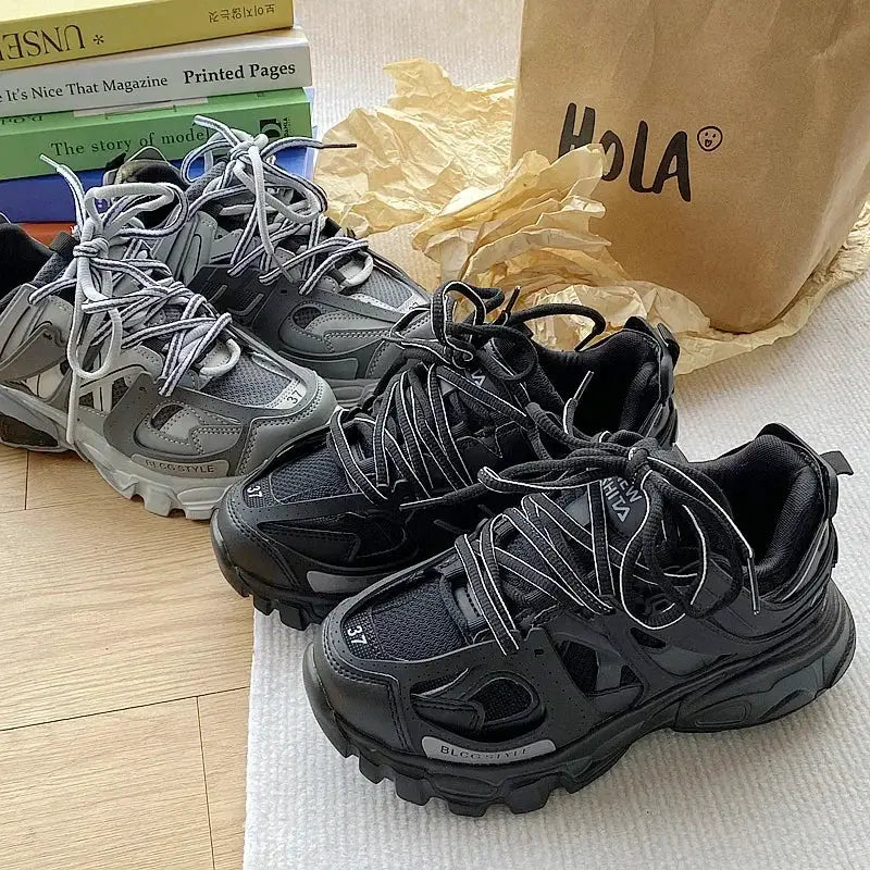Brand Design Sneakers two pairs in black and gray, chunky dad-shoe style for casual sports wear