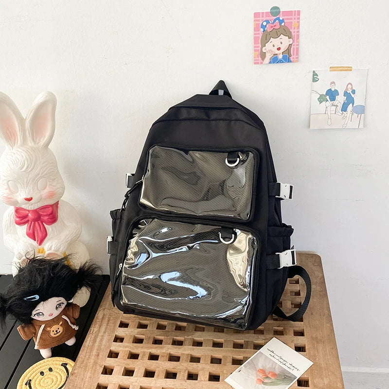 Black Japanese-style transparent Ita bag backpack with two clear front pockets, Simples Market