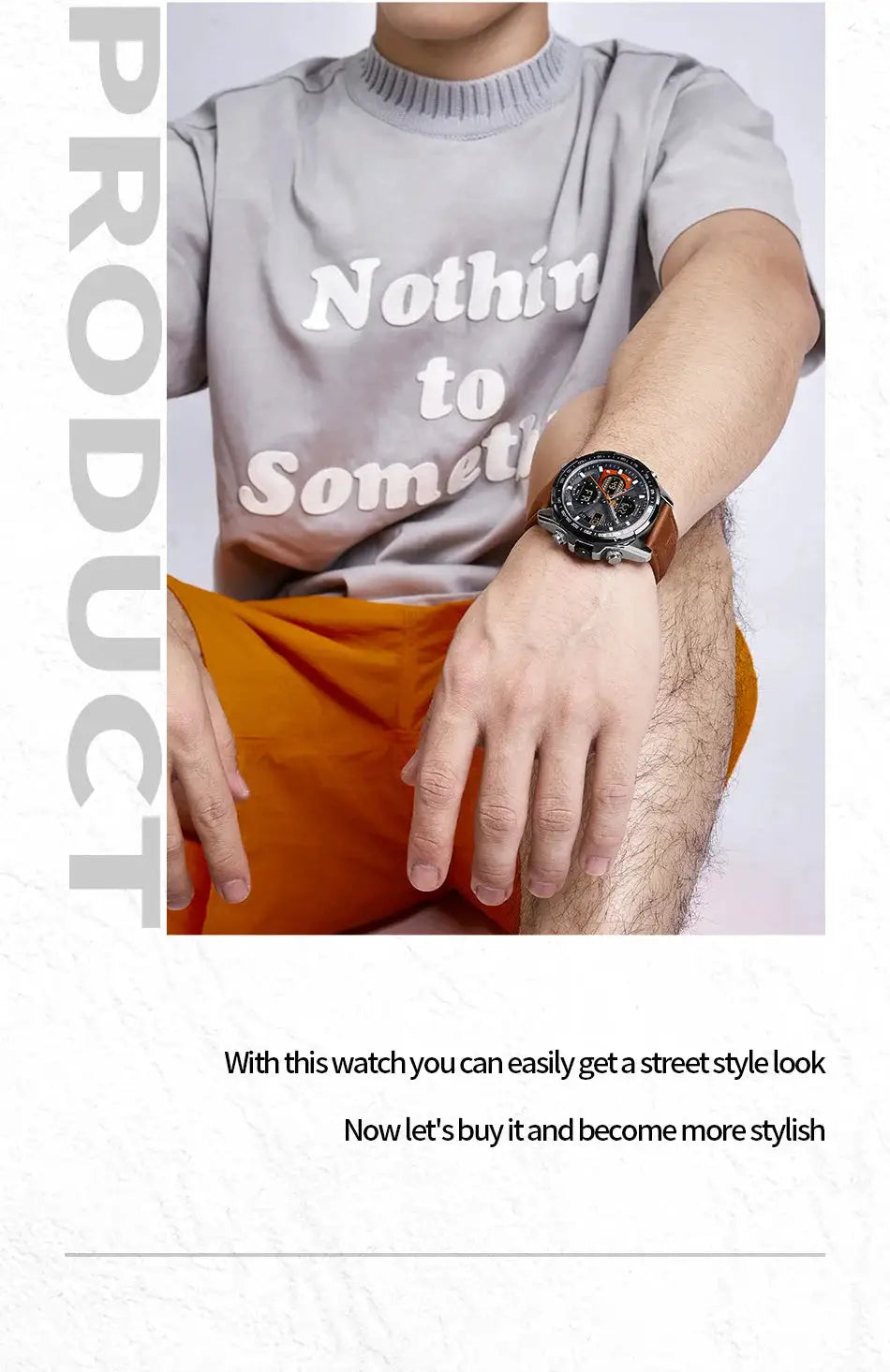 NAVIFORCE sport watch for men with genuine brown leather strap and black dial with orange accents